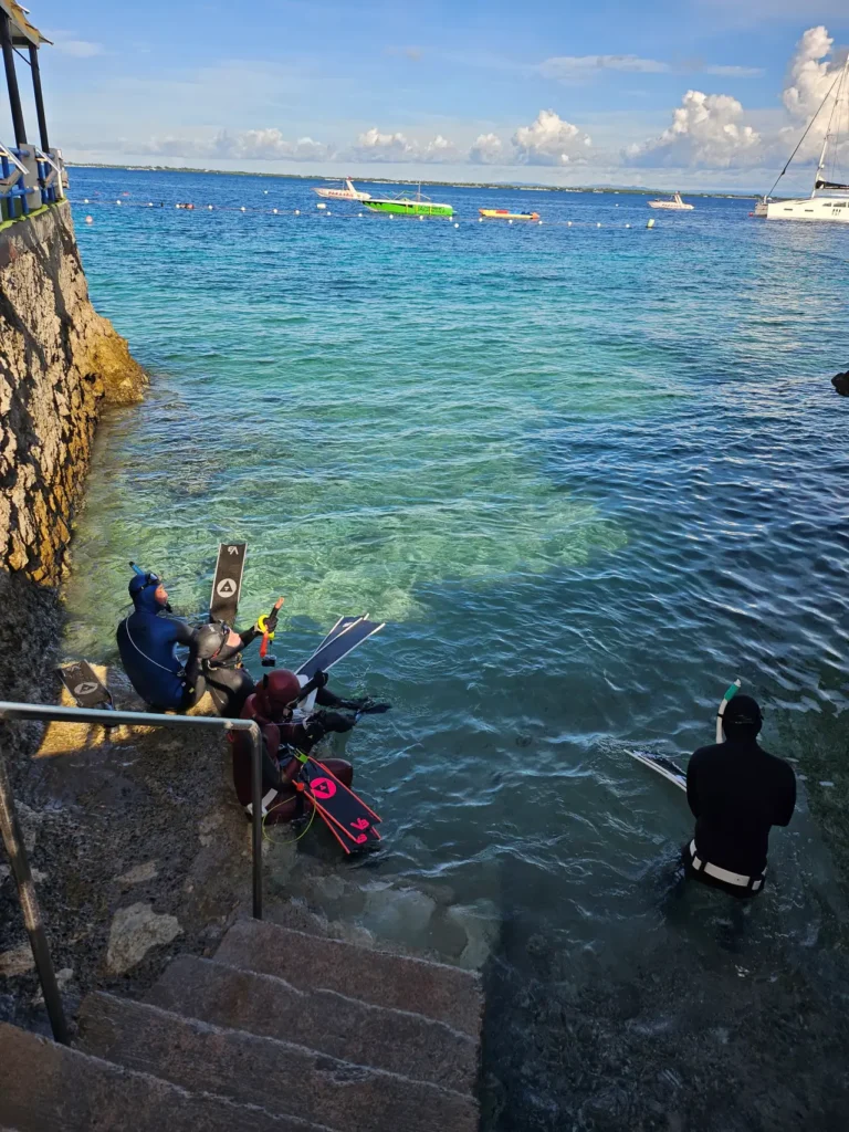 패션 다이브 센터에서 바다로 바로 걸어 들어가기 위해 장비를 착용하는 다이버들