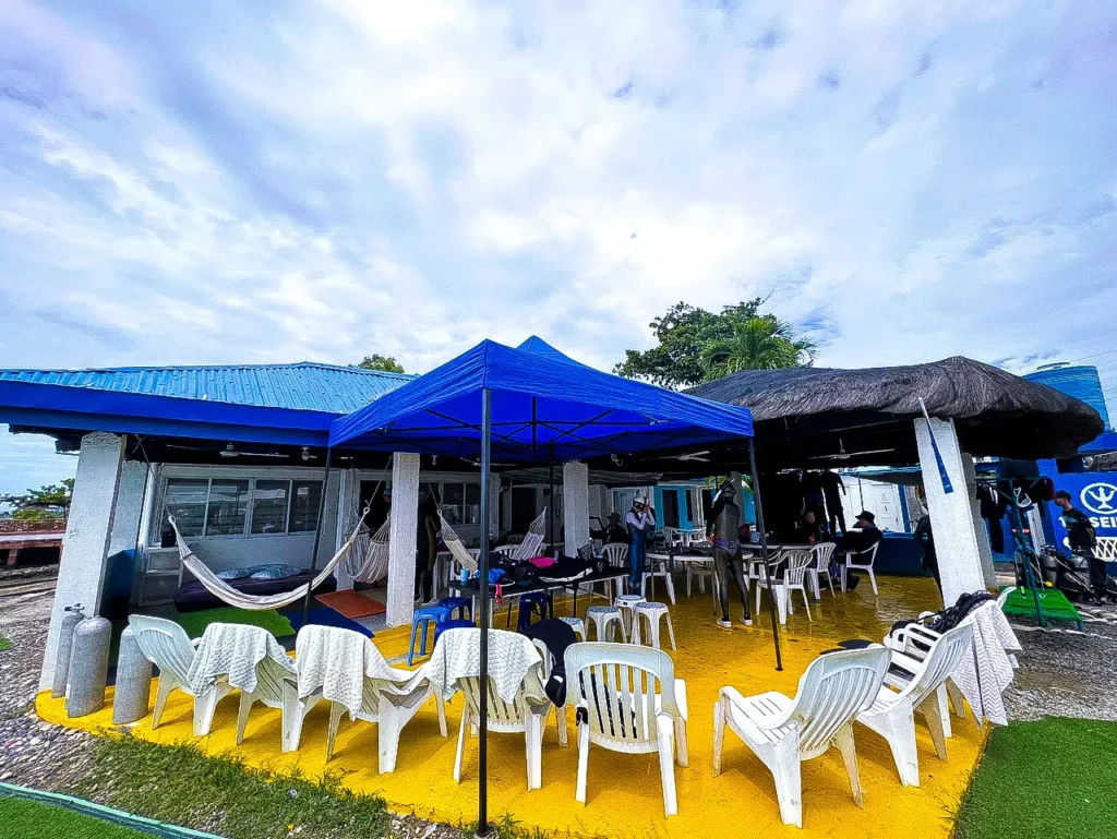 패션 다이브 센터의 노란색 바닥과 파란색 천막이 있는 야외 휴게 공간 전경