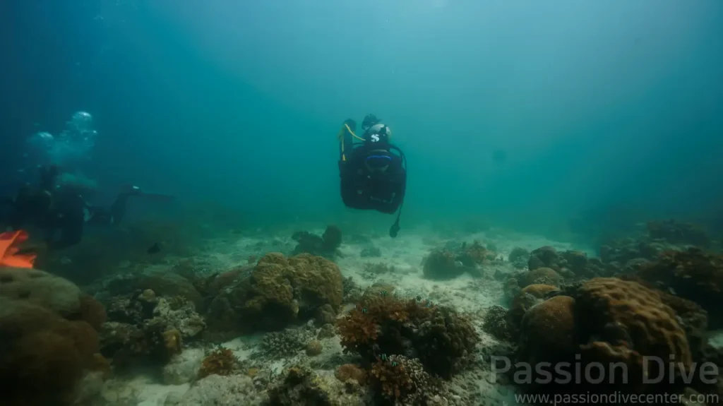 세부 힐루뚱안 바다에서 완벽한 수평 트림 자세로 유영하는 숙련된 다이버