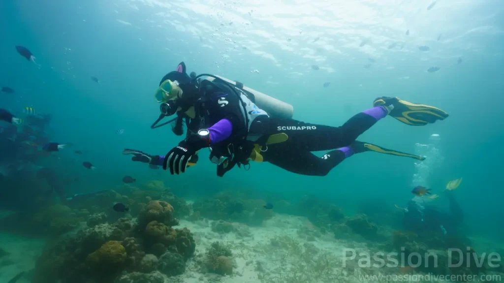 귀여운 고양이 캐릭터 후드를 쓰고 세부 막탄 바다를 즐기는 패션다이브 손님