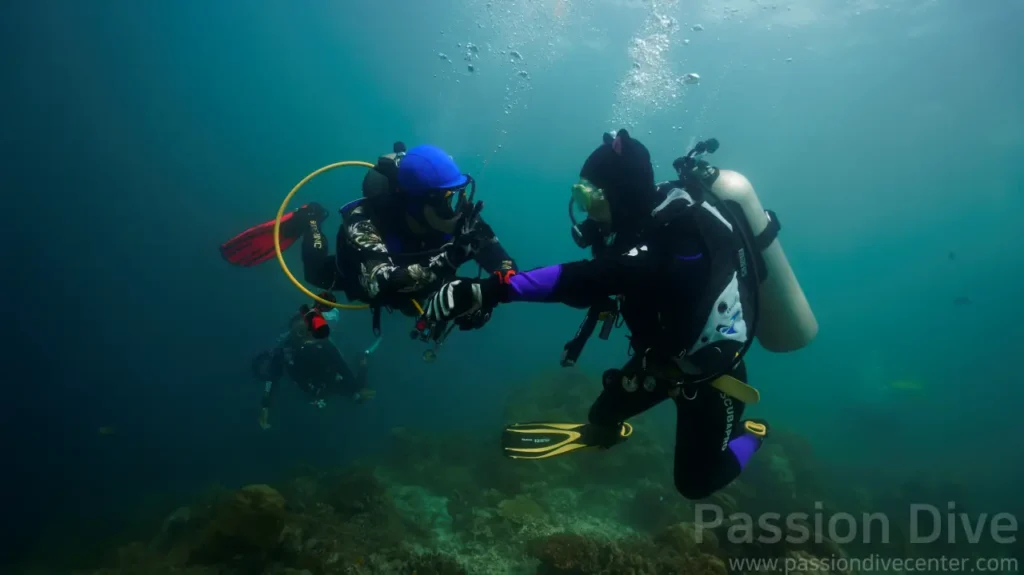 패션다이브 펀다이빙 중 서로 수신호를 주고받으며 교감하는 다이버 버디 팀