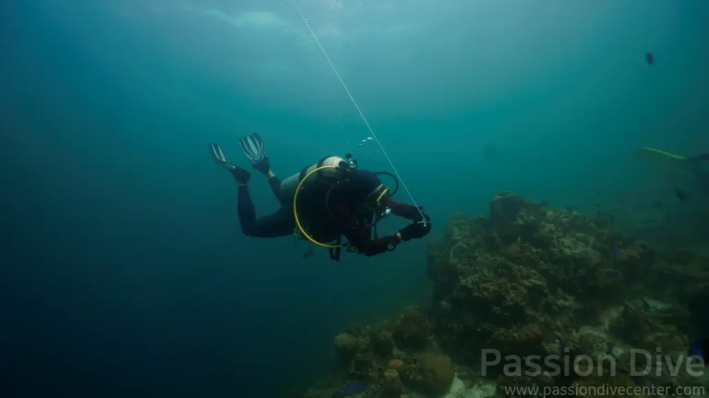 출수 전 안전 정지 구간에서 능숙한 자세로 DSMB(쏘세지)를 전개하는 다이버