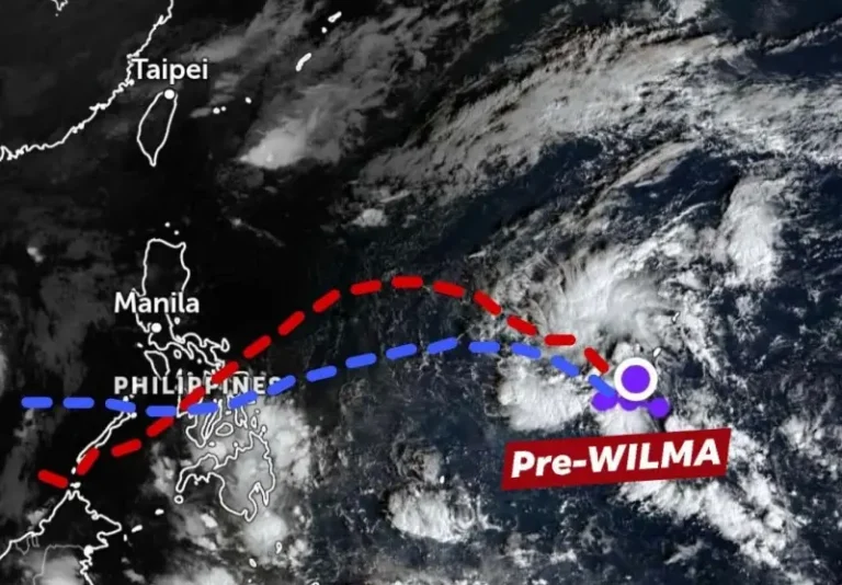 필리핀 태풍 경로 지도. 12월 4일/5일 다이빙 투어 변경의 이유인 열대성 저기압 'Pre-WILMA'의 예상 경로를 보여줌