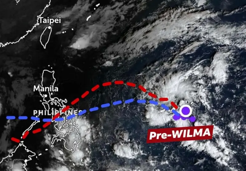 필리핀 태풍 경로 지도. 12월 4일/5일 다이빙 투어 변경의 이유인 열대성 저기압 'Pre-WILMA'의 예상 경로를 보여줌