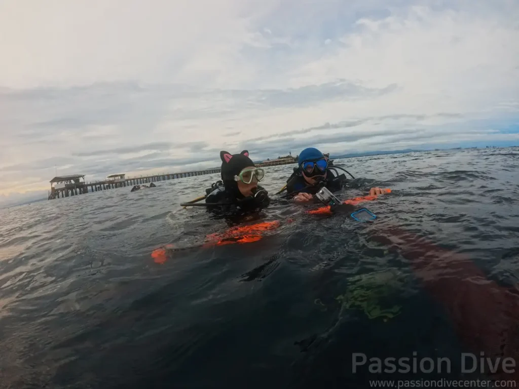 세부 날루수안 섬의 긴 다리와 리조트를 배경으로 수면 휴식을 취하는 다이버들