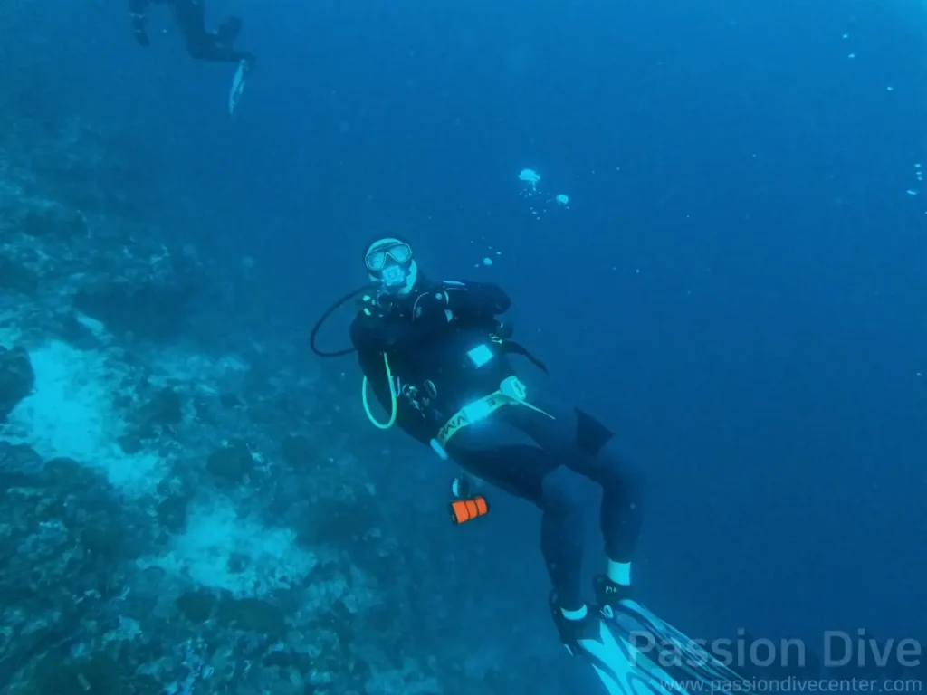 손을 전혀 쓰지 않고 중성부력만으로 편안하게 유영하는 숙련된 다이버의 자세