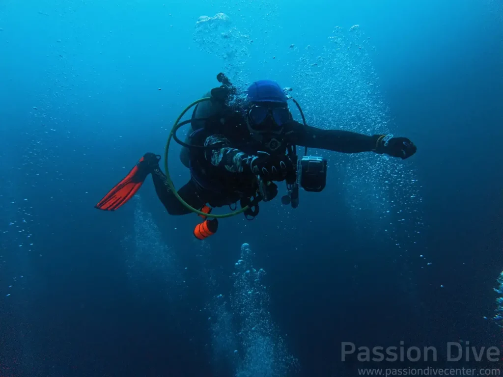 액션캠을 들고 날루수안의 수중 풍경을 담고 있는 다이버의 역동적인 모습