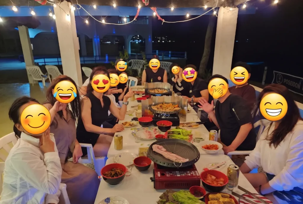 Group Korean BBQ dinner at Passion Dive beachfront center in Cebu after a fun diving tour