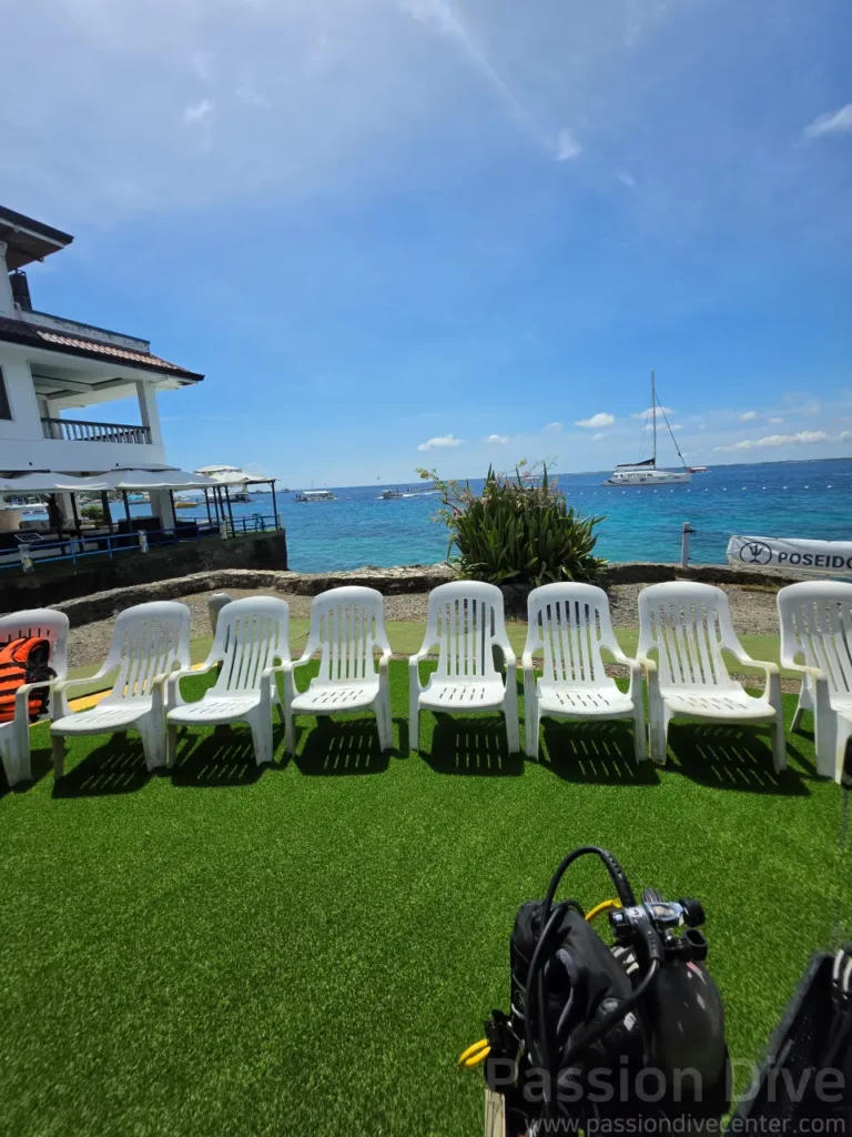 Scenic ocean view from the newly upgraded artificial turf relaxation zone at Passion Dive center in Cebu.